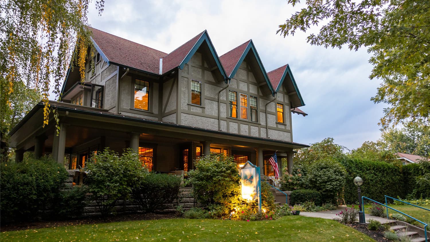 Side angle exterior view of The GG, historic inn
