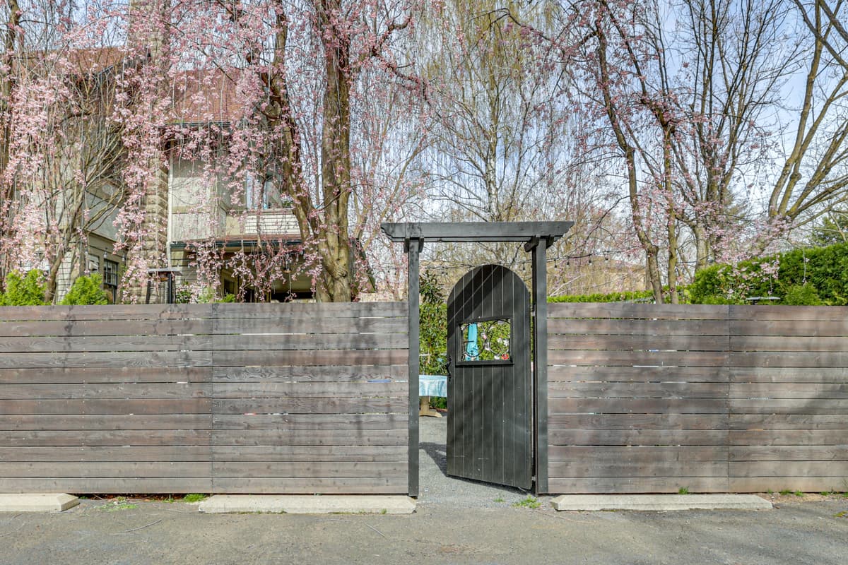 Pink cherry blossoms blooming over a dark wood garden gate and fence at the historic GG Mansion & Inn in Walla Walla.